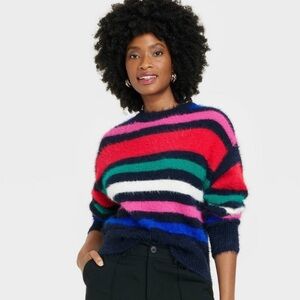 A new day Fuzzy Multicolor Striped Crew Neck Sweater
